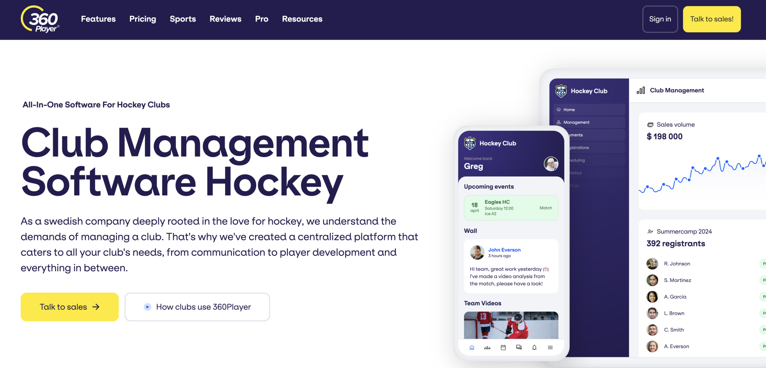 360Player hockey management software homepage